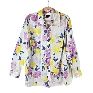 Talbots Womens White Floral Cotton Bohemian Buttoned Down Plus Size Shirt